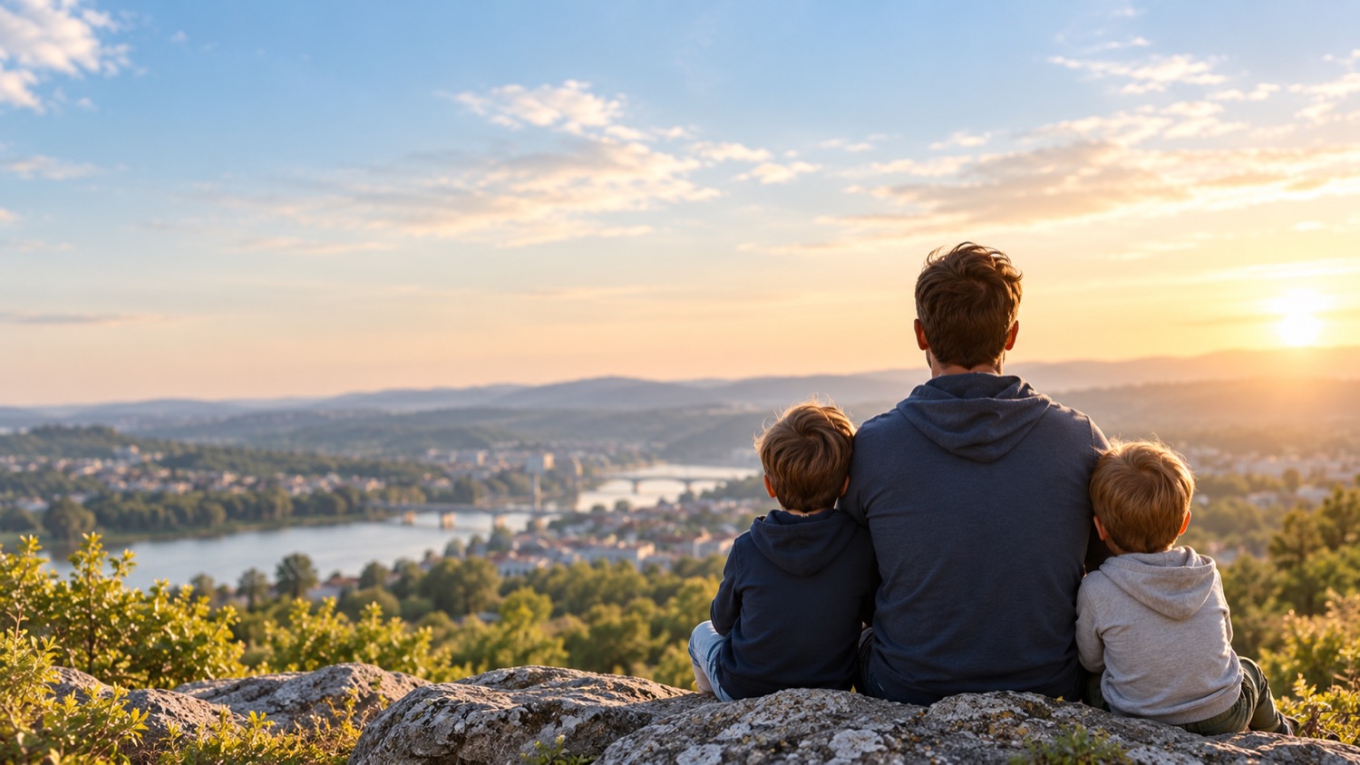 Un père et ses deux enfants regardant l'horizon au coucher du soleil